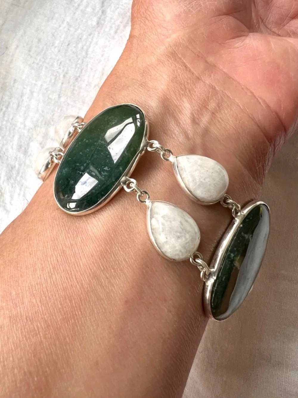 925 Earth Stone MOSS AGATE + Rainbow Moonstone Bracelet 7”-8.5” - Picture 3 of 12